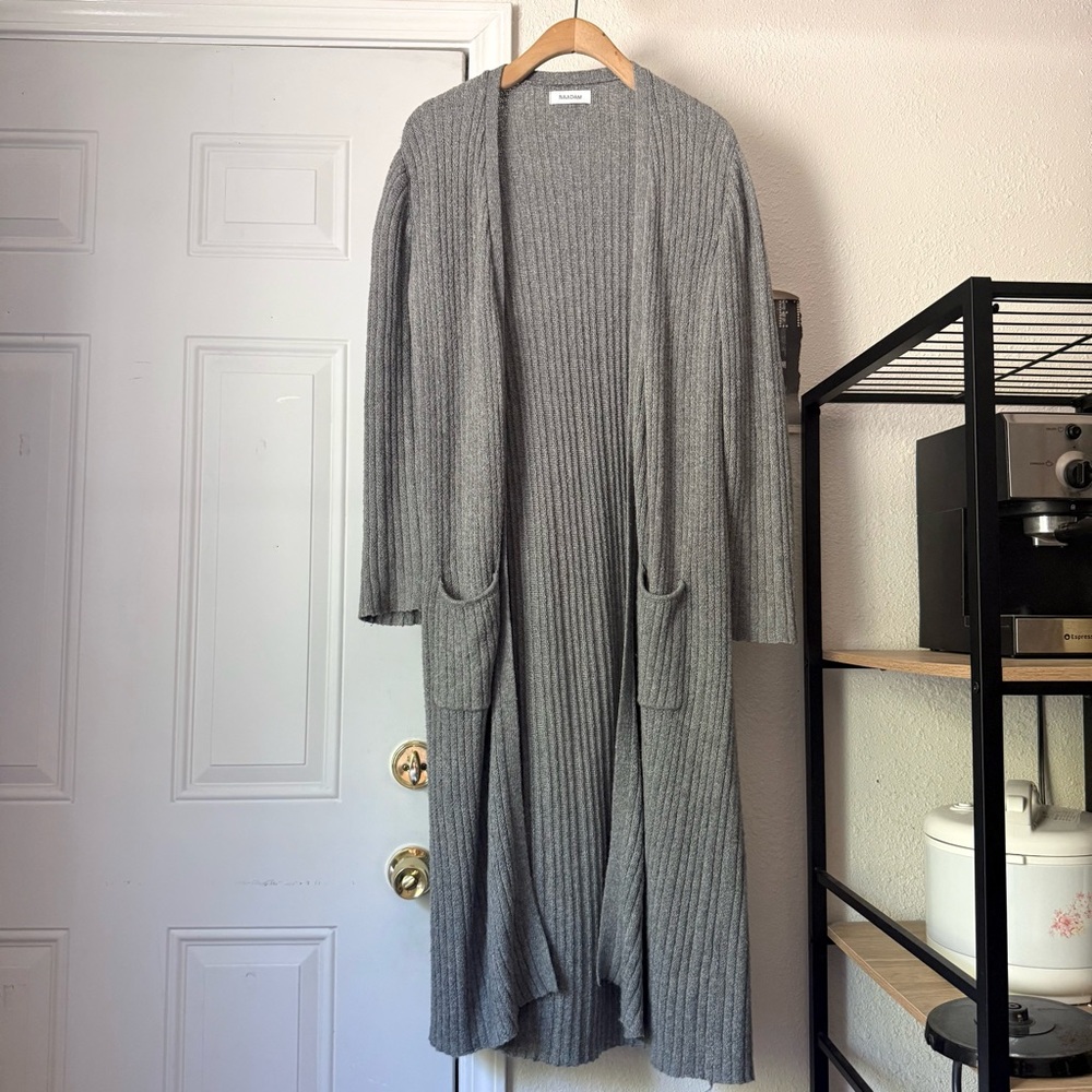 NAADAM heather grey cotton merino wool rib ribbed long lined duster cardigan